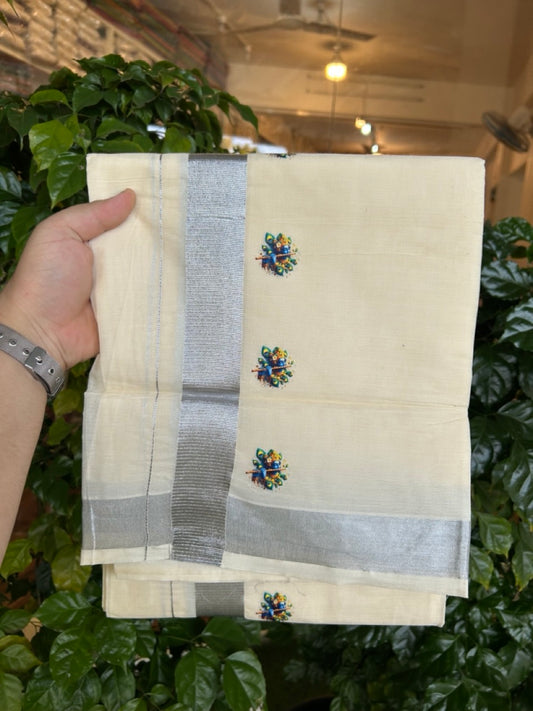 18% Discount !! KaithariKada Balaramapuram Double Off white (Unbleached) Mundu/Dhoti - Mixed Cotton (80x72) - Hand Painted 3 inch Radha Krishna Silver Kasavu Green & Blue Design Kara 4 mtr (8.5 muzham) - 99 KK5251 PMC