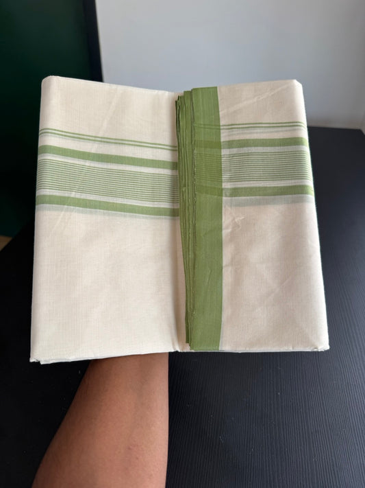 25% Discount! KaithariKada Handloom Millpaav - Kerala Handloom - Cotton Double Mundu/Dhoti Off white (Unbleached) - 80x90 - 2.25 inch Light Green Shaded Stripes Kara 4.00 meter (8.5 Muzham) - 88 KK5383 RAM