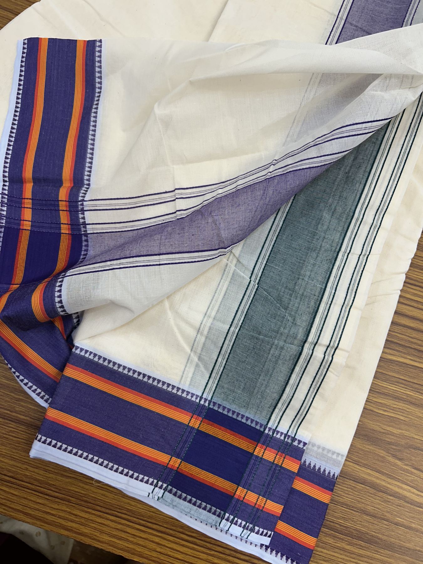 Panchakacham Dhoti - 20% Discount! KaithariKada 100% Cotton Off White - (Unbleached) - Pure Cotton -100x100 thread - North Indian - Attached Gamcha 9X5 Dhoti Violet Green kara with Green Orange & Violet Striped border - 13 KK5325 PMC