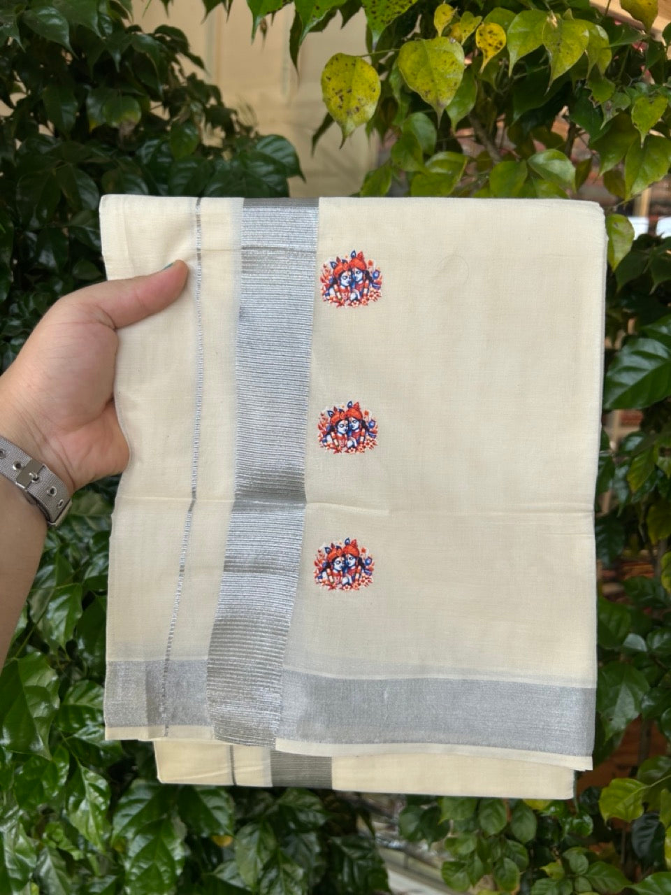 18% Discount !! KaithariKada Balaramapuram Double Off white (Unbleached) Mundu/Dhoti- Mixed Cotton (80x72) - Hand Painted 3 inch Radha Krishna Silver Kasavu Orange & Blue Design Kara 4 mtr (8.5 muzham) - 100 KK5251 PMC