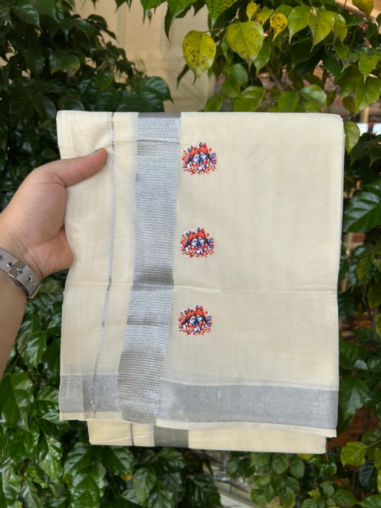 18% Discount !! KaithariKada Balaramapuram Double Off white (Unbleached) Mundu/Dhoti- Mixed Cotton (80x72) - Hand Painted 3 inch Radha Krishna Silver Kasavu Orange & Blue Design Kara 4 mtr (8.5 muzham) - 100 KK5251 PMC