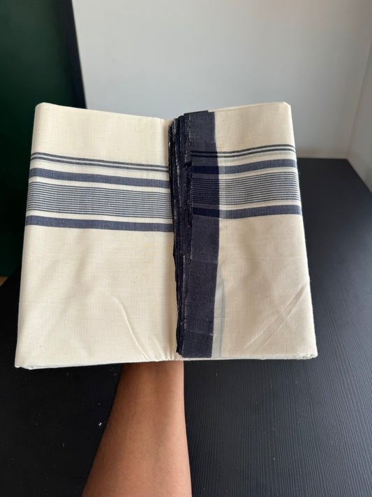 25% Discount! KaithariKada Handloom Millpaav - Kerala Handloom - Cotton Double Mundu/Dhoti Off white (Unbleached) - 80x90 - 2 inch Navy Blue Shaded Stripes Kara 4.00 meter (8.5 Muzham) - 84 KK5383 RAM