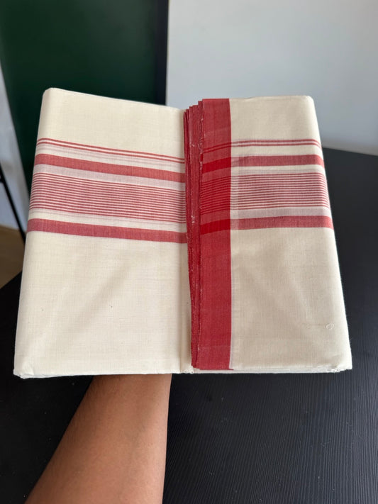 25% Discount! KaithariKada Handloom Millpaav - Kerala Handloom - Cotton Double Mundu/Dhoti Off white (Unbleached) - 80x90 - 2.75 inch Red Shaded Stripes Kara 4.00 meter (8.5 Muzham) - 86 KK5383 RAM
