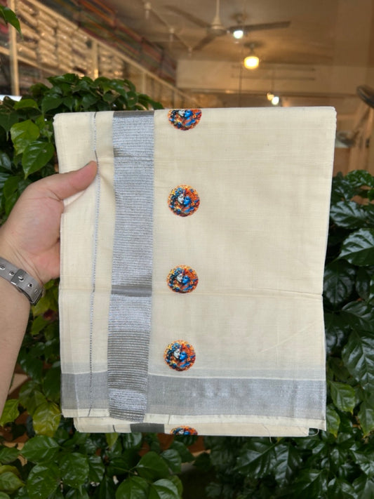 18% Discount !! KaithariKada Balaramapuram Double Off white (Unbleached) Mundu/Dhoti - Mixed Cotton (80x72) - Hand Painted 3 inch Radha Krishna Silver Kasavu Orange & Blue Design Kara 4 mtr (8.5 muzham) - 101 KK5251 PMC