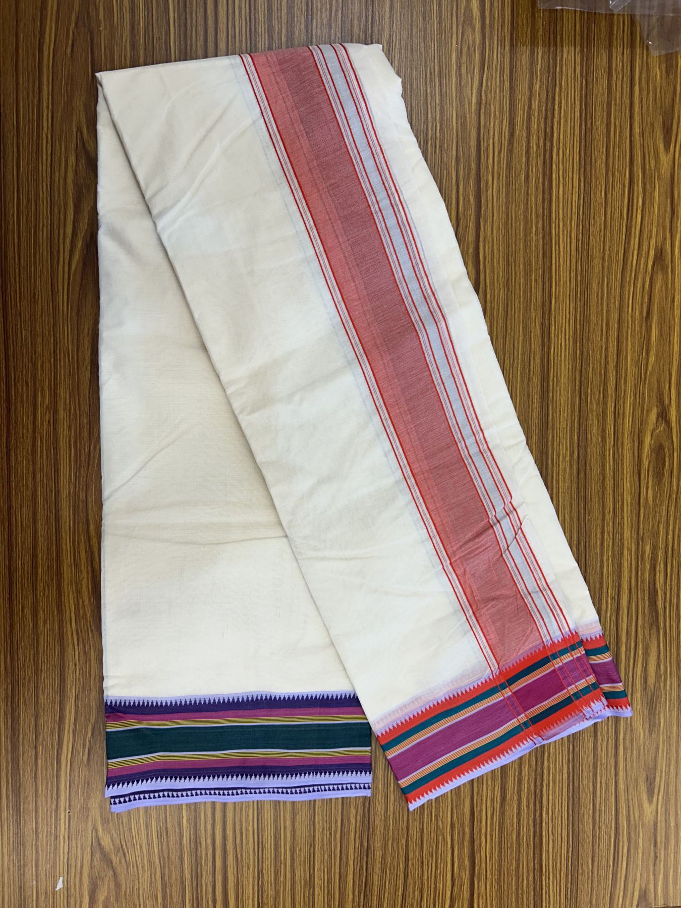 Panchakacham Dhoti - 20% Discount! KaithariKada 100% Cotton Off White - (Unbleached) - Pure Cotton -100x100 thread - North Indian - Attached Gamcha 9X5 Dhoti Violet Red kara with Green Pink & Violet Striped border - 14 KK5325 PMC