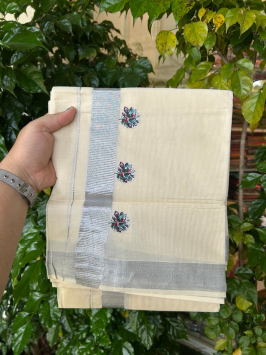 18% Discount !! KaithariKada Balaramapuram  Double Off white (Unbleached) Mundu/Dhoti - Mixed Cotton (80x72) - Hand Painted 3 inch Radha Krishna Silver Kasavu Green & Violet Design Kara 4 mtr (8.5 muzham) - 98 KK5251 PMC