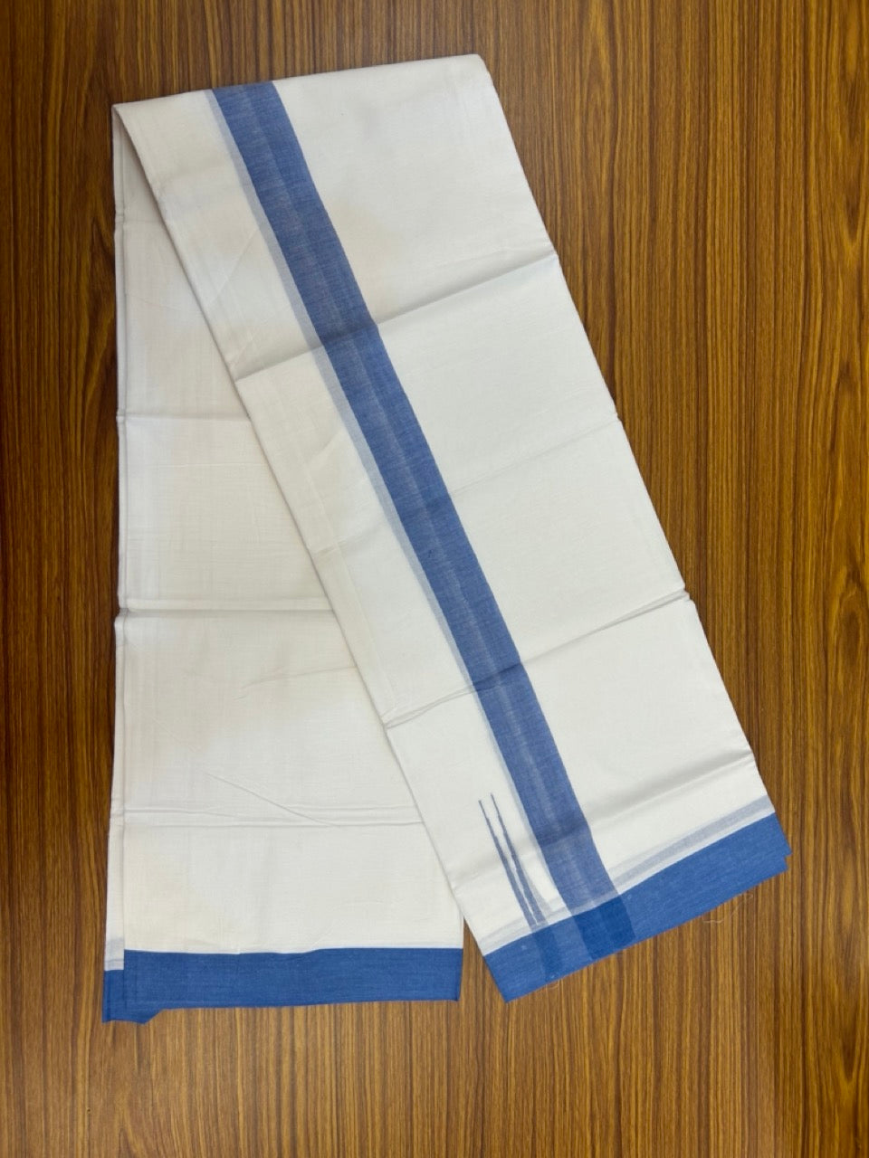 20% Discount ! Kaitharikada Balaramapuram 100% Cotton Pure White Double Mundu/Dothi - 100x80 - 1.5 inch Puliyilakkara Blue Chutty Kara  3.90 mtr (8 muzham) - 90 KK5285  VAS