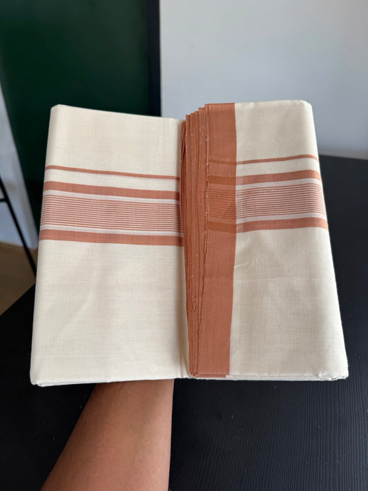 25% Discount! KaithariKada Handloom Millpaav - Kerala Handloom - Cotton Double Mundu/Dhoti Off white (Unbleached) - 80x90 - 2 inch Orange Brown Shaded Stripes Kara 4.00 meter (8.5 Muzham) - 85 KK5383 RAM