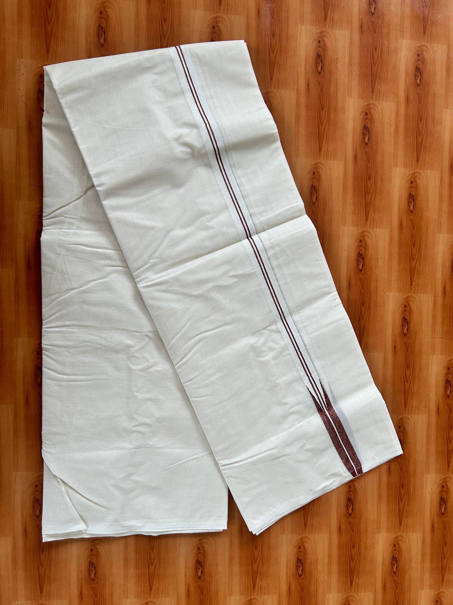 Double Off white Mundu/Dhoti - 20% Discount! KaithariKada Balaramapuram - 100% Cotton 100x100 - 1 inch Puliyilakkara Gold Kasav & Maroon Shaded Chutty Kara 4 mtr (8.5 muzham) - 12 KK5424 ASH