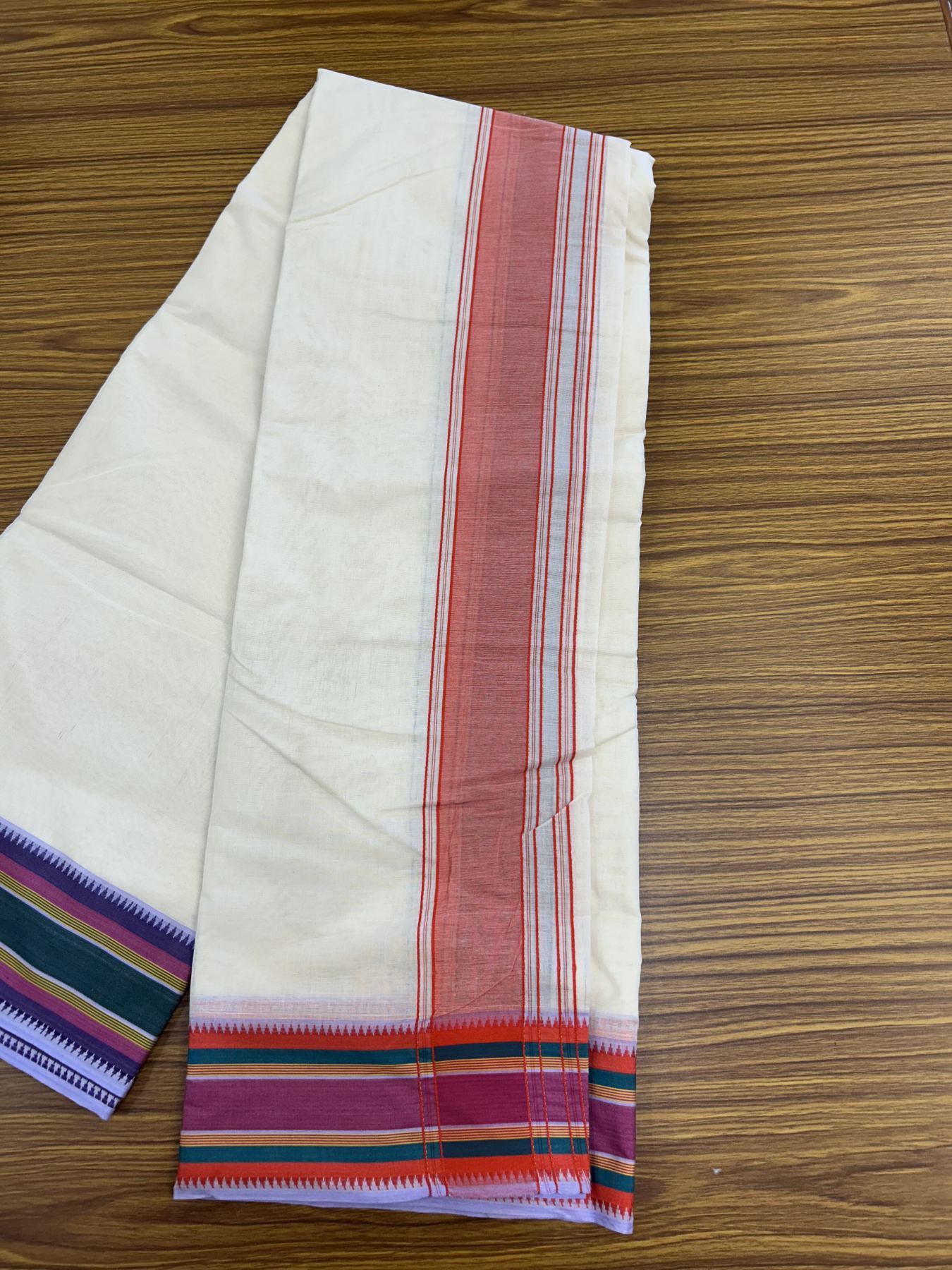 Panchakacham Dhoti - 20% Discount! KaithariKada 100% Cotton Off White - (Unbleached) - Pure Cotton -100x100 thread - North Indian - Attached Gamcha 9X5 Dhoti Violet Red kara with Green Pink & Violet Striped border - 14 KK5325 PMC