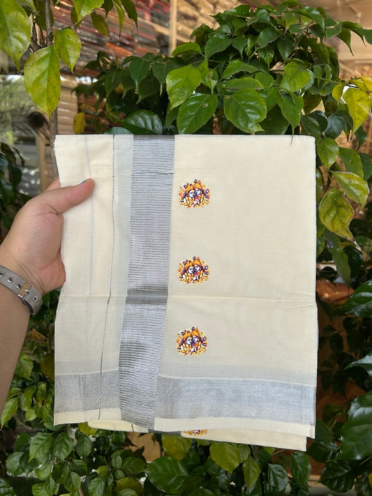 18% Discount !! KaithariKada Balaramapuram Double Off white (Unbleached) Mundu/Dhoti - Mixed Cotton (80x72) - Hand Painted 3 inch Radha Krishna Silver Kasavu & Yellow Design Kara 4 mtr (8.5 muzham) - 97 KK5251 PMC