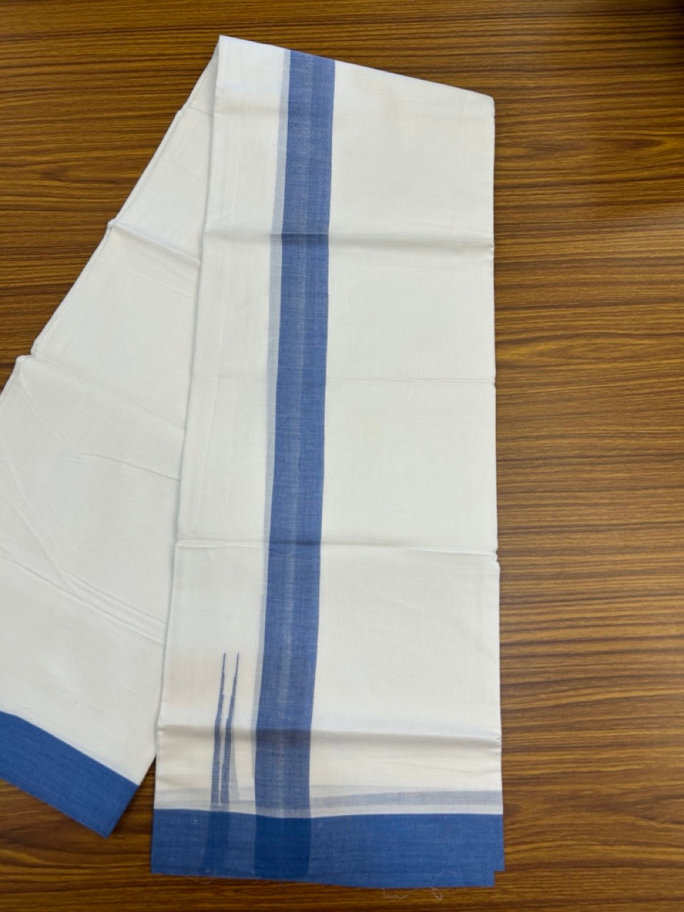 20% Discount ! Kaitharikada Balaramapuram 100% Cotton Pure White Double Mundu/Dothi - 100x80 - 1.5 inch Puliyilakkara Blue Chutty Kara  3.90 mtr (8 muzham) - 90 KK5285  VAS