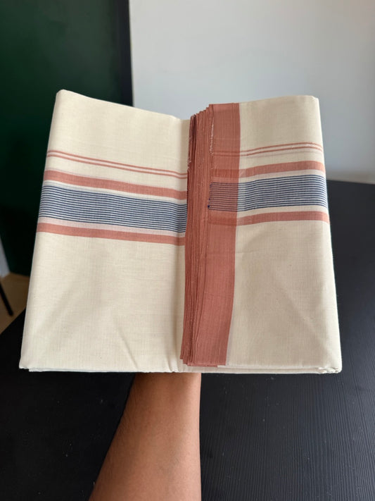 25% Discount! KaithariKada Handloom Millpaav - Kerala Handloom - Cotton Double Mundu/Dhoti Off white (Unbleached) - 80x90 - 2 inch Dark Peach & Blue Shaded Stripes Kara 4.00 meter (8.5 Muzham) - 92 KK5383 RAM
