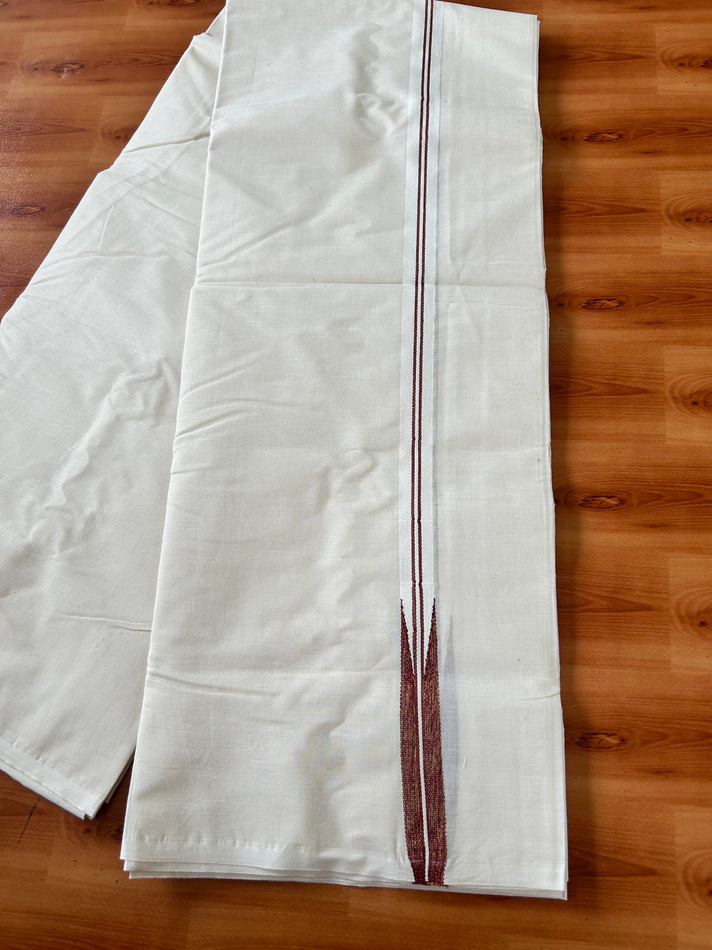 Double Off white Mundu/Dhoti - 20% Discount! KaithariKada Balaramapuram - 100% Cotton 100x100 - 1 inch Puliyilakkara Gold Kasav & Maroon Shaded Chutty Kara 4 mtr (8.5 muzham) - 12 KK5424 ASH