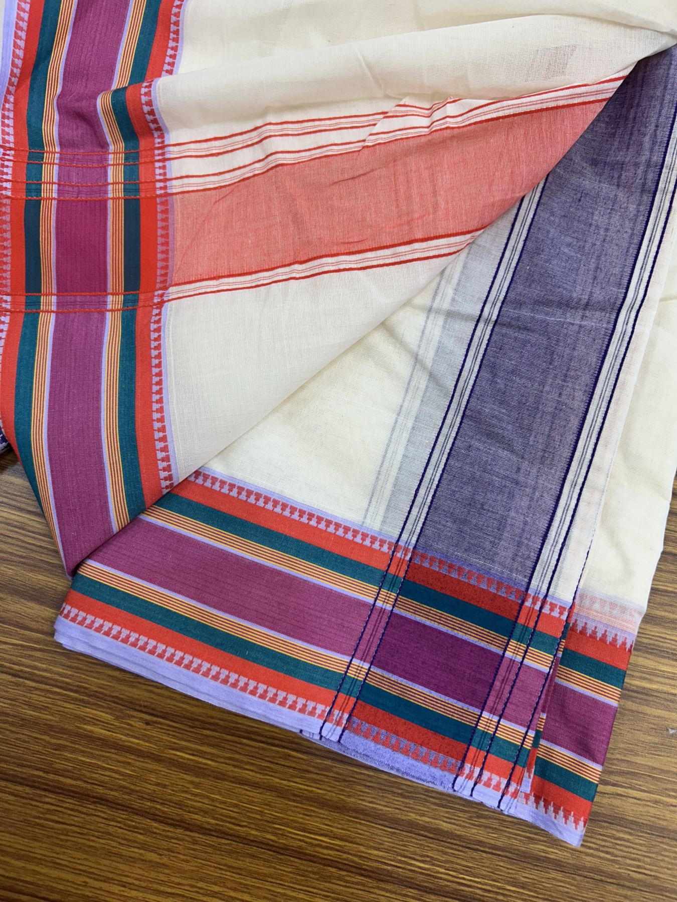 Panchakacham Dhoti - 20% Discount! KaithariKada 100% Cotton Off White - (Unbleached) - Pure Cotton -100x100 thread - North Indian - Attached Gamcha 9X5 Dhoti Violet Red kara with Green Pink & Violet Striped border - 14 KK5325 PMC
