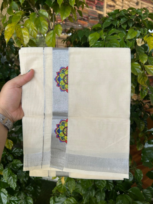 9% Discount! KaithariKada Balaramapuram Off White Double - (Unbleached) Mundu/Dhoti - Mixed Cotton (80x72) - Hand Printed Silver Kasav Multi colour design Pattern 1.5 inch Kara 4 mtr (8.5 muzham) - 96 KK5251 PMC