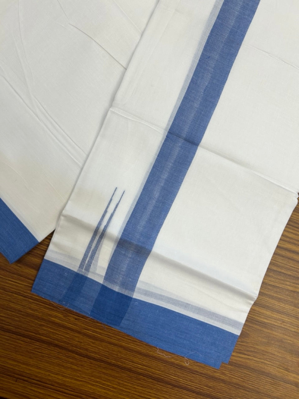 20% Discount ! Kaitharikada Balaramapuram 100% Cotton Pure White Double Mundu/Dothi - 100x80 - 1.5 inch Puliyilakkara Blue Chutty Kara  3.90 mtr (8 muzham) - 90 KK5285  VAS