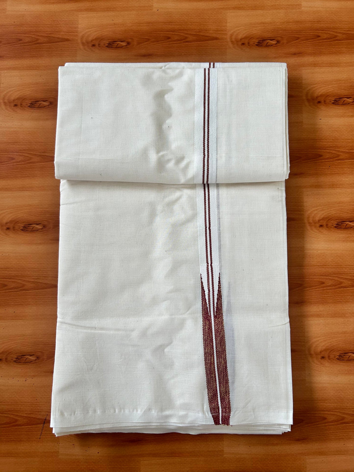 Double Off white Mundu/Dhoti - 20% Discount! KaithariKada Balaramapuram - 100% Cotton 100x100 - 1 inch Puliyilakkara Gold Kasav & Maroon Shaded Chutty Kara 4 mtr (8.5 muzham) - 12 KK5424 ASH