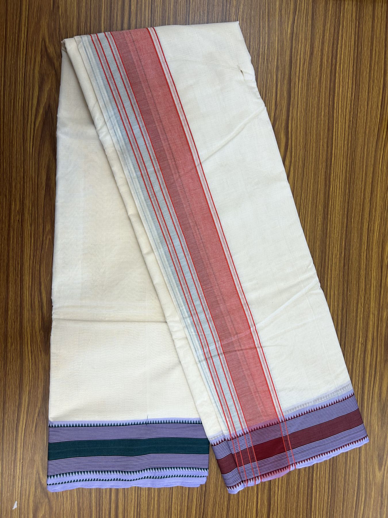 Panchakacham Dhoti - 20% Discount! KaithariKada 100% Cotton Off White - (Unbleached) - Pure Cotton -100x100 thread - North Indian - Attached Gamcha 9X5 Dhoti Green Red kara with Brown Green & Lavender Striped border - 15 KK5325 PMC
