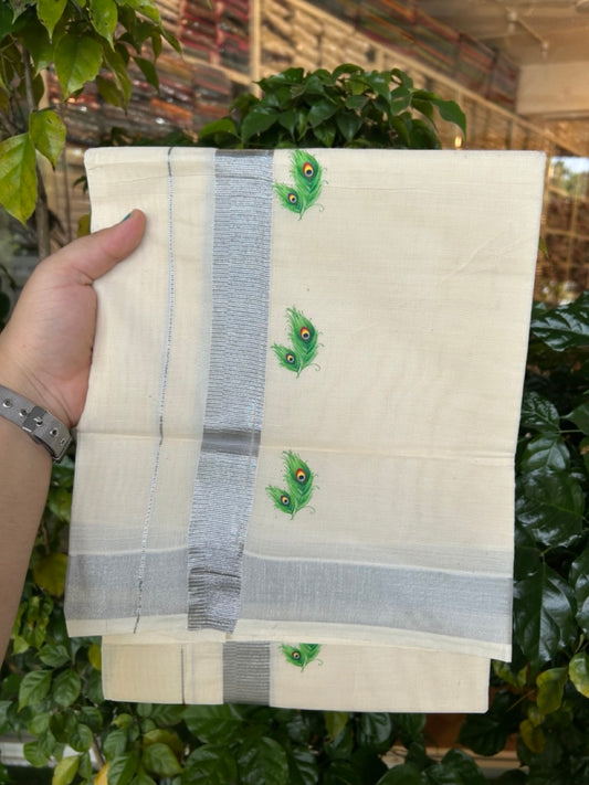 18% Discount !! KaithariKada Balaramapuram Double Off white (Unbleached) Mundu/Dhoti- Miixed Cotton (80x72) - Hand Painted Silver Kasavu Peacock feather Design 2.5 inch Kara 4 mtr (8.5 muzham) - 95 KK5251 PMC