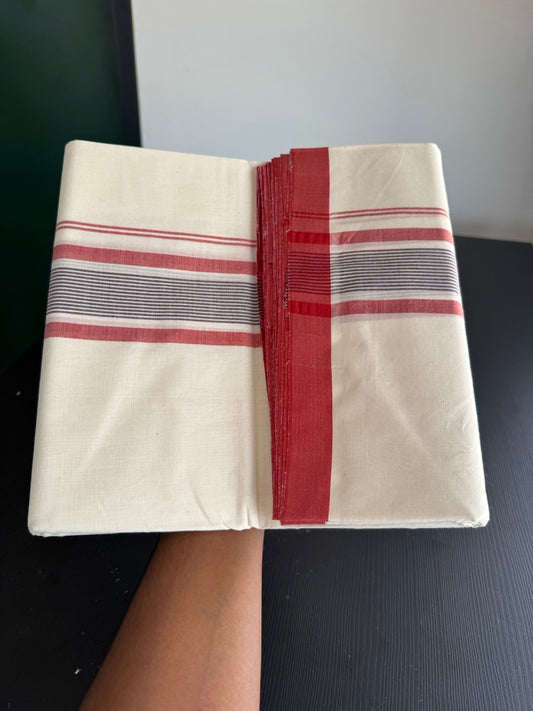 25% Discount! KaithariKada Handloom Millpaav - Kerala Handloom - Cotton Double Mundu/Dhoti Off white (Unbleached) - 80x90 - 2 inch Brick Orange & Dark Brown Shaded Stripes Kara 4.00 meter (8.5 Muzham) - 91 KK5383 RAM