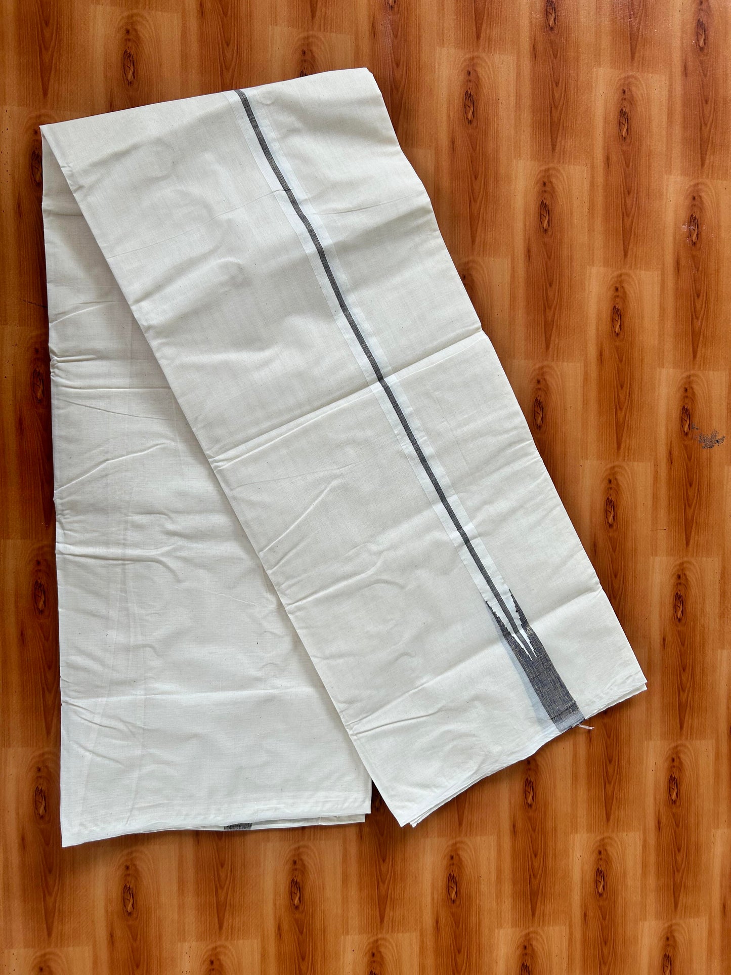 Double Off white Mundu/Dhoti - 20% Discount! KaithariKada Balaramapuram - 100% Cotton 100x100 - 1 inch Puliyilakkara Gold Kasav & Purple Shaded Chutty Kara 4 mtr (8.5 muzham) - 9 KK5424 ASH