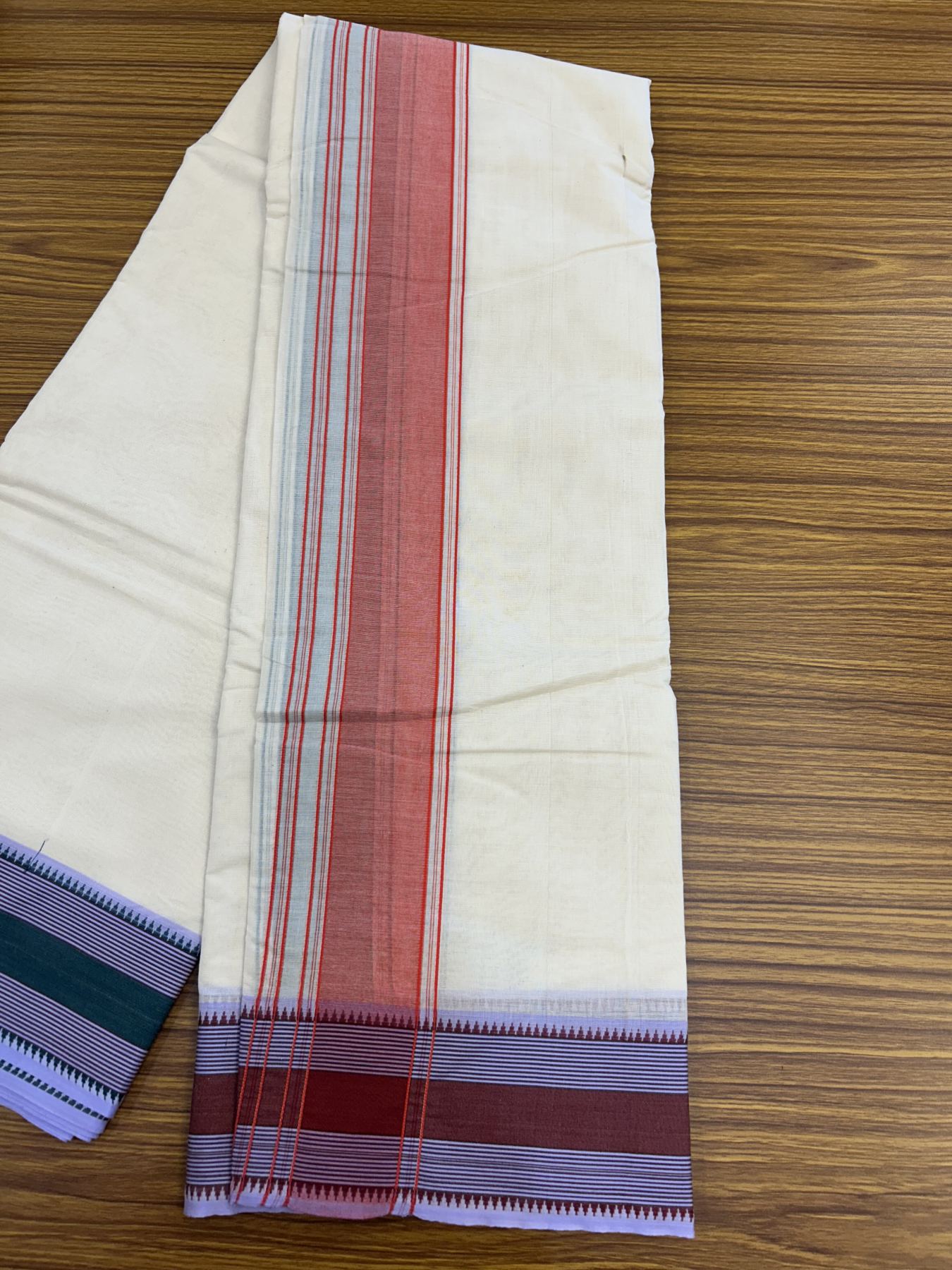 Panchakacham Dhoti - 20% Discount! KaithariKada 100% Cotton Off White - (Unbleached) - Pure Cotton -100x100 thread - North Indian - Attached Gamcha 9X5 Dhoti Green Red kara with Brown Green & Lavender Striped border - 15 KK5325 PMC