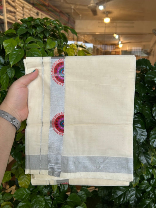 9% Discount! KaithariKada Balaramapuram Off White Double - (Unbleached) Mundu/Dhoti - Mixed Cotton (80x72) - Hand Printed Silver Kasav Multi colour design Pattern 1.5 inch Kara - 94 KK5251 PMC