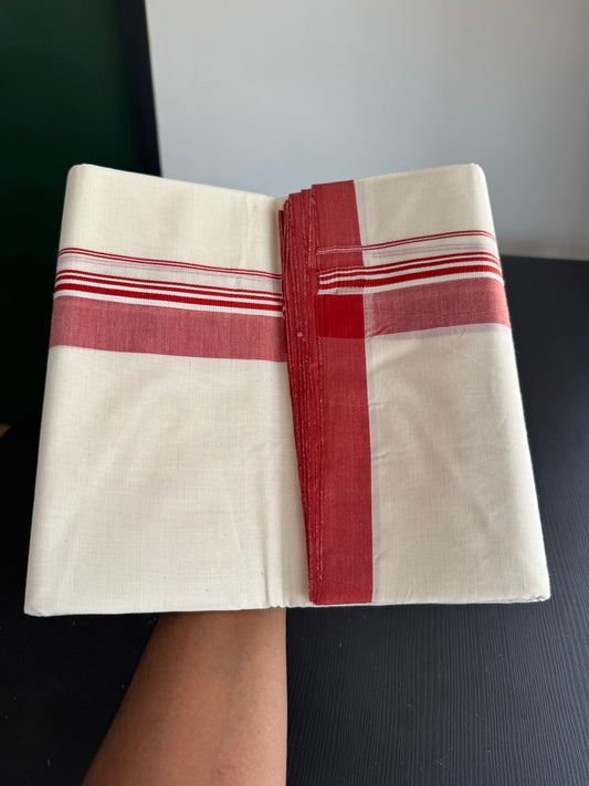 25% Discount! KaithariKada Handloom Millpaav - Kerala Handloom - Cotton Double Mundu/Dhoti Off white (Unbleached) - 80x90 - 1.75 inch Red Shaded Stripes Kara 4.00 meter (8.5 Muzham) - 93 KK5383 RAM