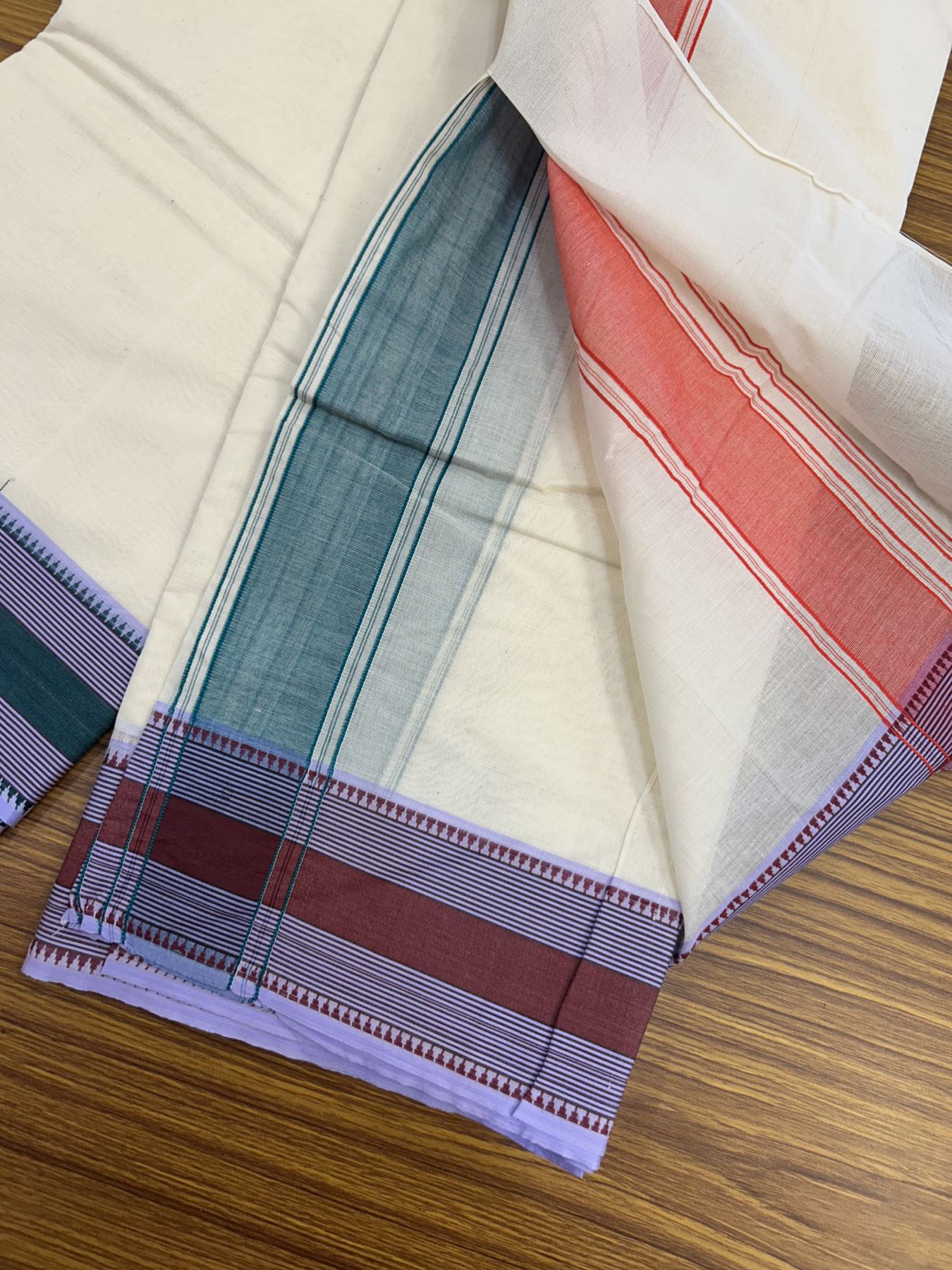 Panchakacham Dhoti - 20% Discount! KaithariKada 100% Cotton Off White - (Unbleached) - Pure Cotton -100x100 thread - North Indian - Attached Gamcha 9X5 Dhoti Green Red kara with Brown Green & Lavender Striped border - 15 KK5325 PMC