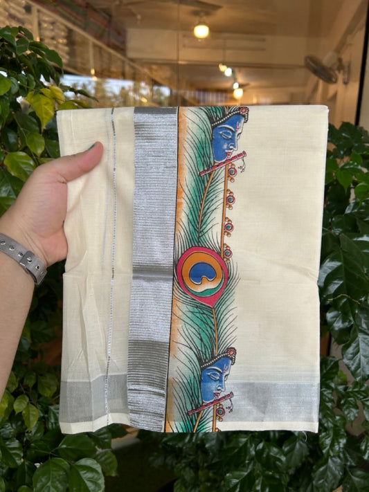 18% Discount! KaithariKada Balaramapuram Off White Double - (Unbleached) Mundu/Dhoti - Mixed Cotton (80x72) - Krishna & Peacock Feather Hand Printed Silver Kasav Multi colour Pattern 3.5 inch Kara - 93 KK5251 PMC