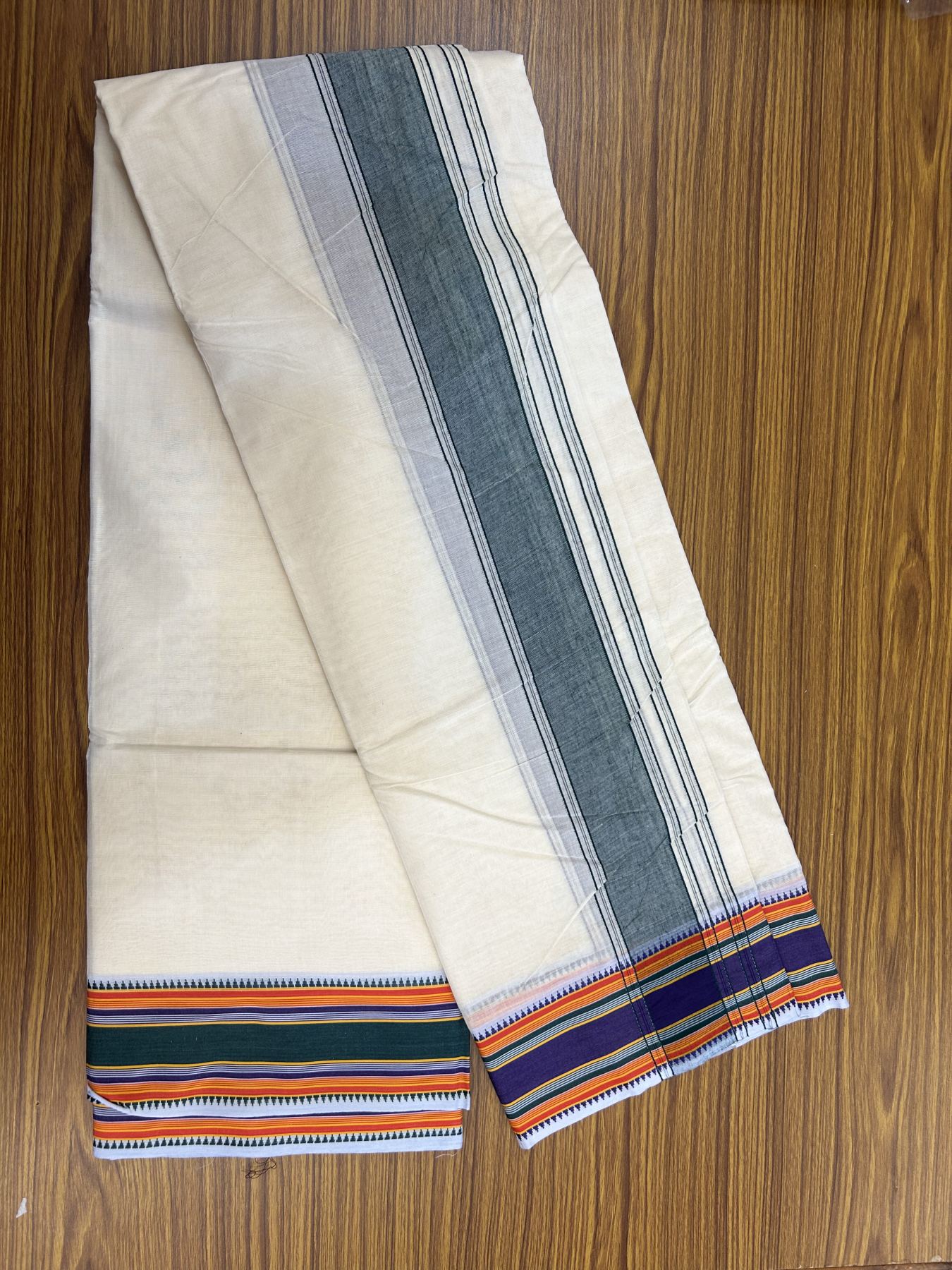 Panchakacham Dhoti - 20% Discount! KaithariKada 100% Cotton Off White - (Unbleached) - Pure Cotton -100x100 thread - North Indian - Attached Gamcha 9X5 Dhoti Green Violet kara with Green Red & Violet Striped border - 16 KK5325 PMC