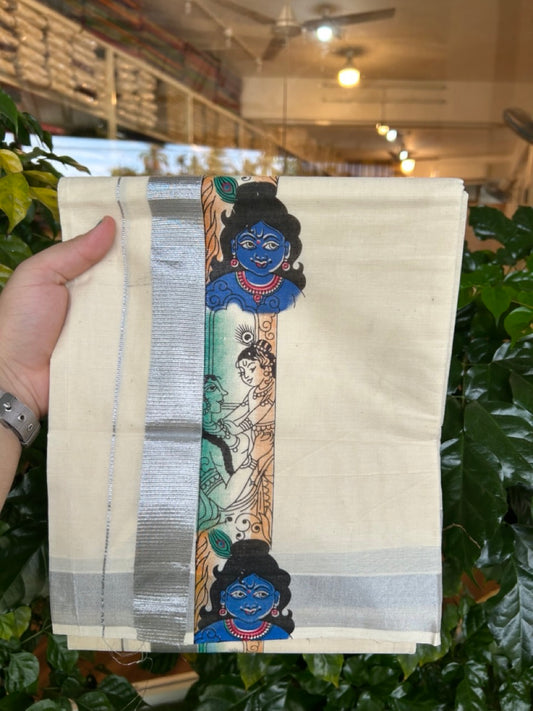 18% Discount! KaithariKada Balaramapuram Off White Double - (Unbleached) Mundu/Dhoti - Mixed Cotton (80x72) - Radha Krishna Hand Printed Silver Kasav Multi colour Pattern 2.75 inch Kara - 92 KK5251 PMC