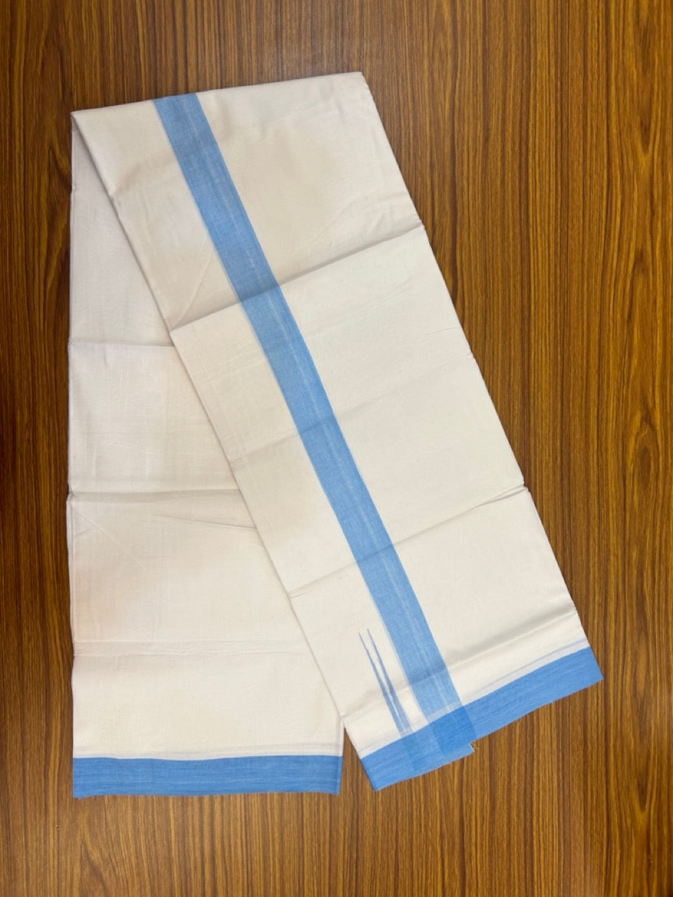 20% Discount ! Kaitharikada Balaramapuram 100% Cotton Pure White Double Mundu/Dothi - 100x80 - 1.5 inch Puliyilakkara Sky Blue Chutty Kara  3.90 mtr (8 muzham) - 91 KK5285  VAS