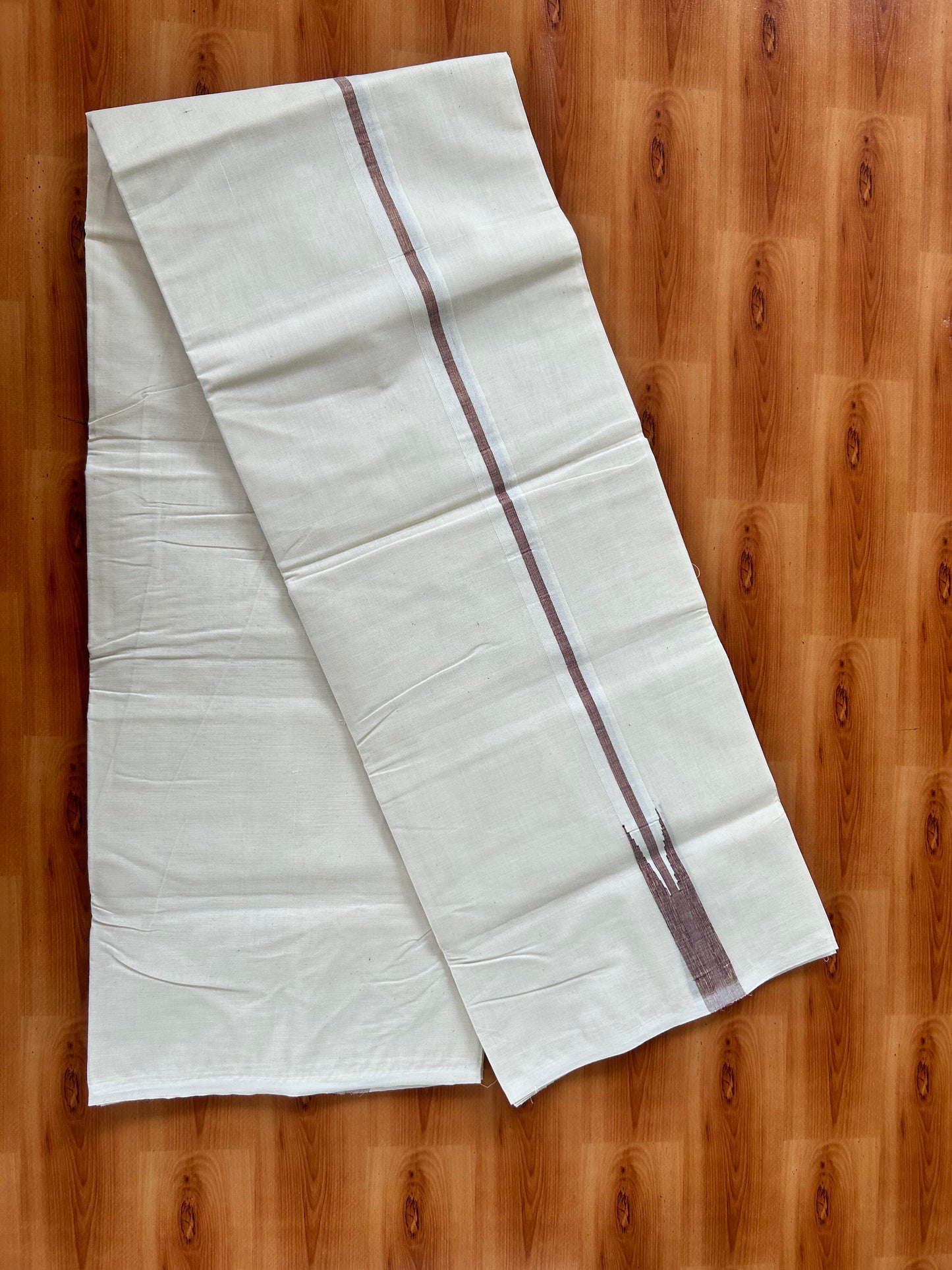 Double Off white Mundu/Dhoti - 20% Discount! KaithariKada Balaramapuram - 100% Cotton 100x100 - 1 inch Puliyilakkara Gold Kasav & Maroon Shaded Chutty Kara 4 mtr (8.5 muzham) - 10 KK5424 ASH