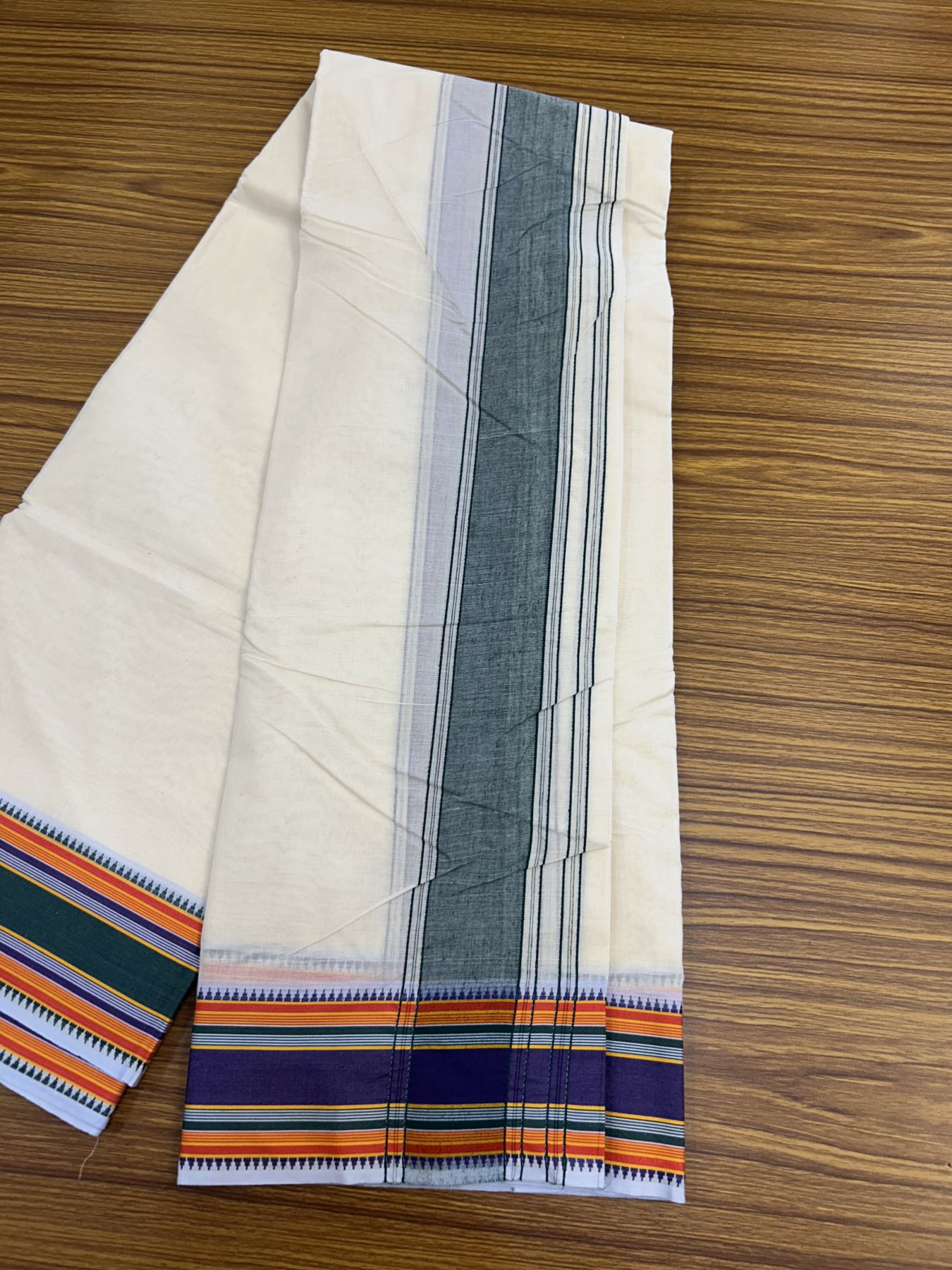 Panchakacham Dhoti - 20% Discount! KaithariKada 100% Cotton Off White - (Unbleached) - Pure Cotton -100x100 thread - North Indian - Attached Gamcha 9X5 Dhoti Green Violet kara with Green Red & Violet Striped border - 16 KK5325 PMC