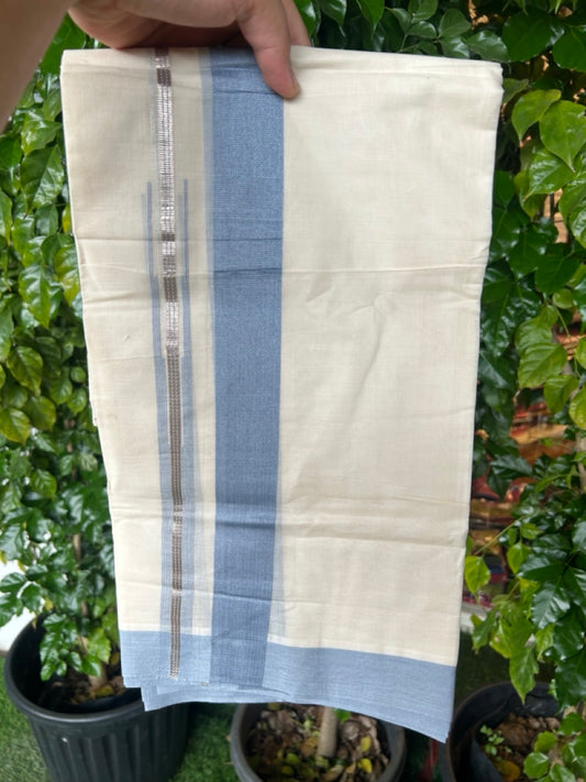 20% Discount ! KaithariKada Balaramapuram 100% Cotton Double OFF WHITE - (Unbleached) - Mundu / Dhoti- 100x80 - Puliyilakkara 1.5 inch Silver kasavu Pale blue striped chutty - 39KK5213 VIN