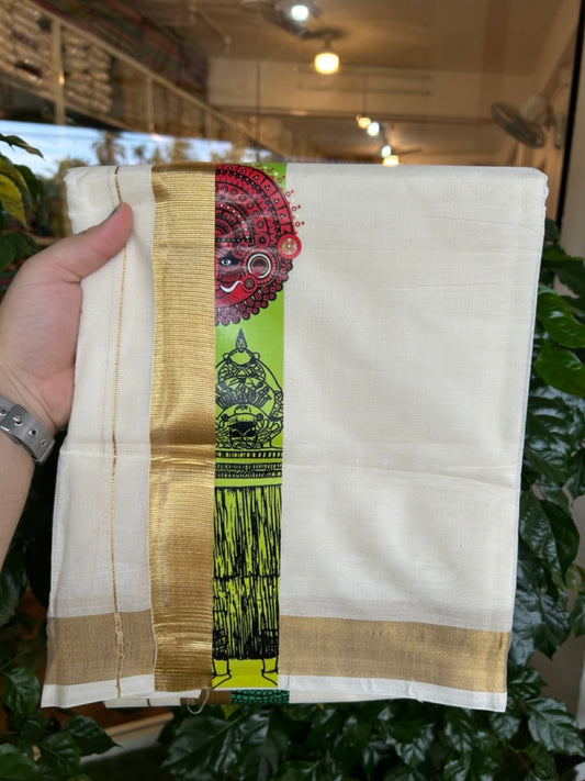 20% Discount! KaithariKada Balaramapuram Off White Double - (Unbleached) Mundu/Dhoti - Mixed Cotton (80x72) - Theyyam Hand Printed Gold Kasav Parrot Green , Dark Green , Red & Blue Pattern 2.75 inch Kara - 91 KK5251 PMC