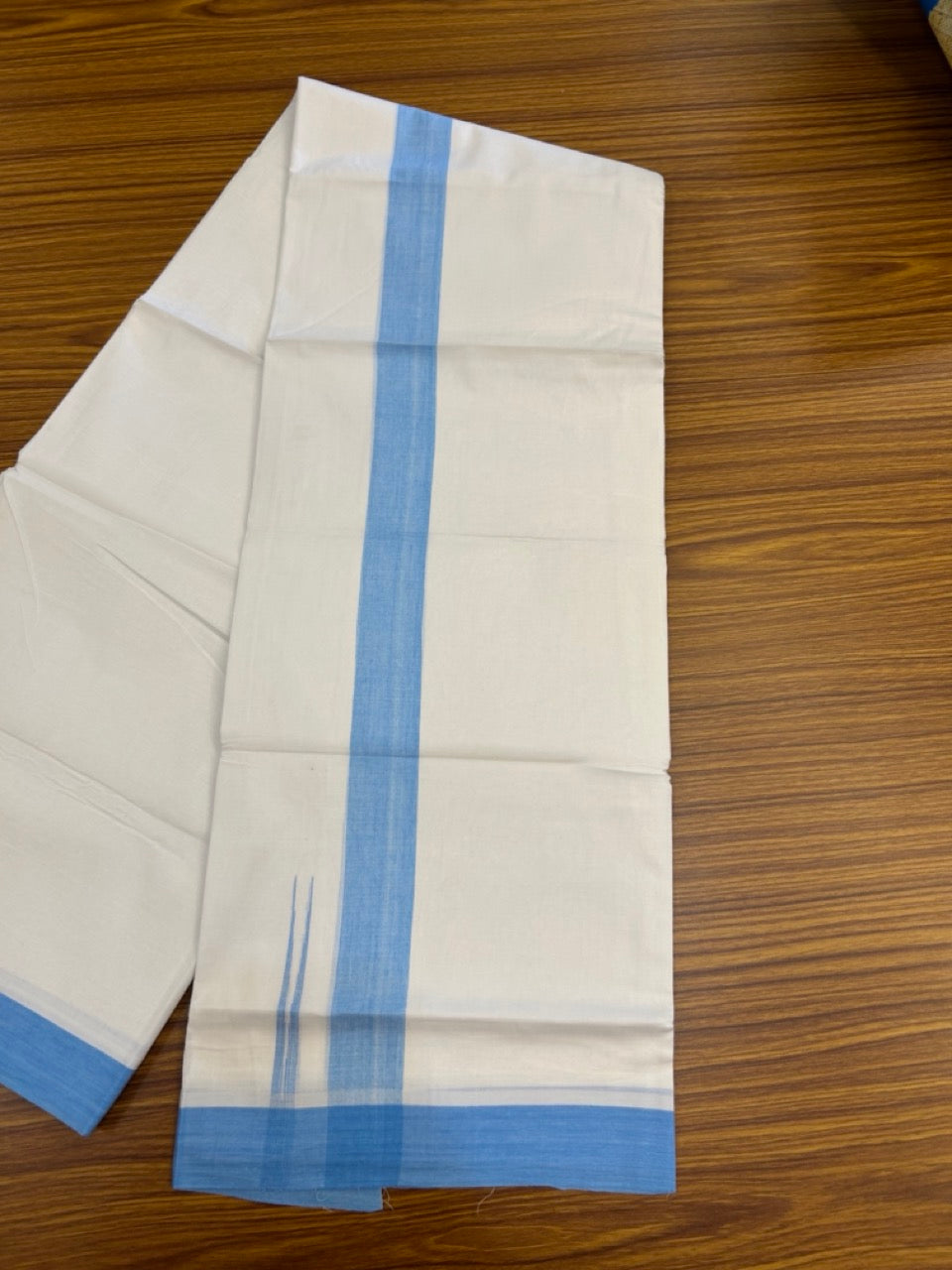 20% Discount ! Kaitharikada Balaramapuram 100% Cotton Pure White Double Mundu/Dothi - 100x80 - 1.5 inch Puliyilakkara Sky Blue Chutty Kara  3.90 mtr (8 muzham) - 91 KK5285  VAS