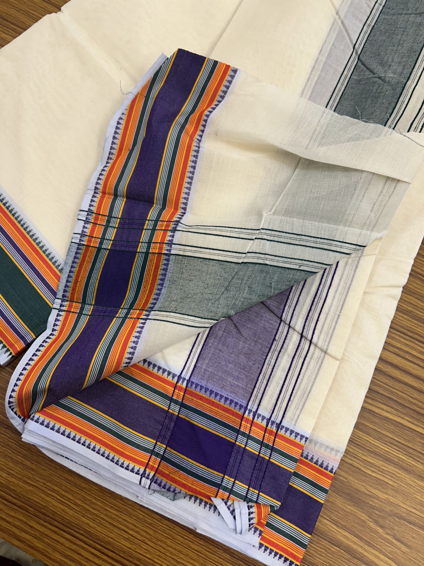 Panchakacham Dhoti - 20% Discount! KaithariKada 100% Cotton Off White - (Unbleached) - Pure Cotton -100x100 thread - North Indian - Attached Gamcha 9X5 Dhoti Green Violet kara with Green Red & Violet Striped border - 16 KK5325 PMC