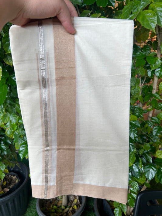 20% Discount ! KaithariKada Balaramapuram 100% Cotton Double OFF WHITE - (Unbleached) - Mundu / Dhoti- 100x80 - Puliyilakkara 1.5 inch Silver kasavu Sand brown striped chutty - 38KK5213 VIN
