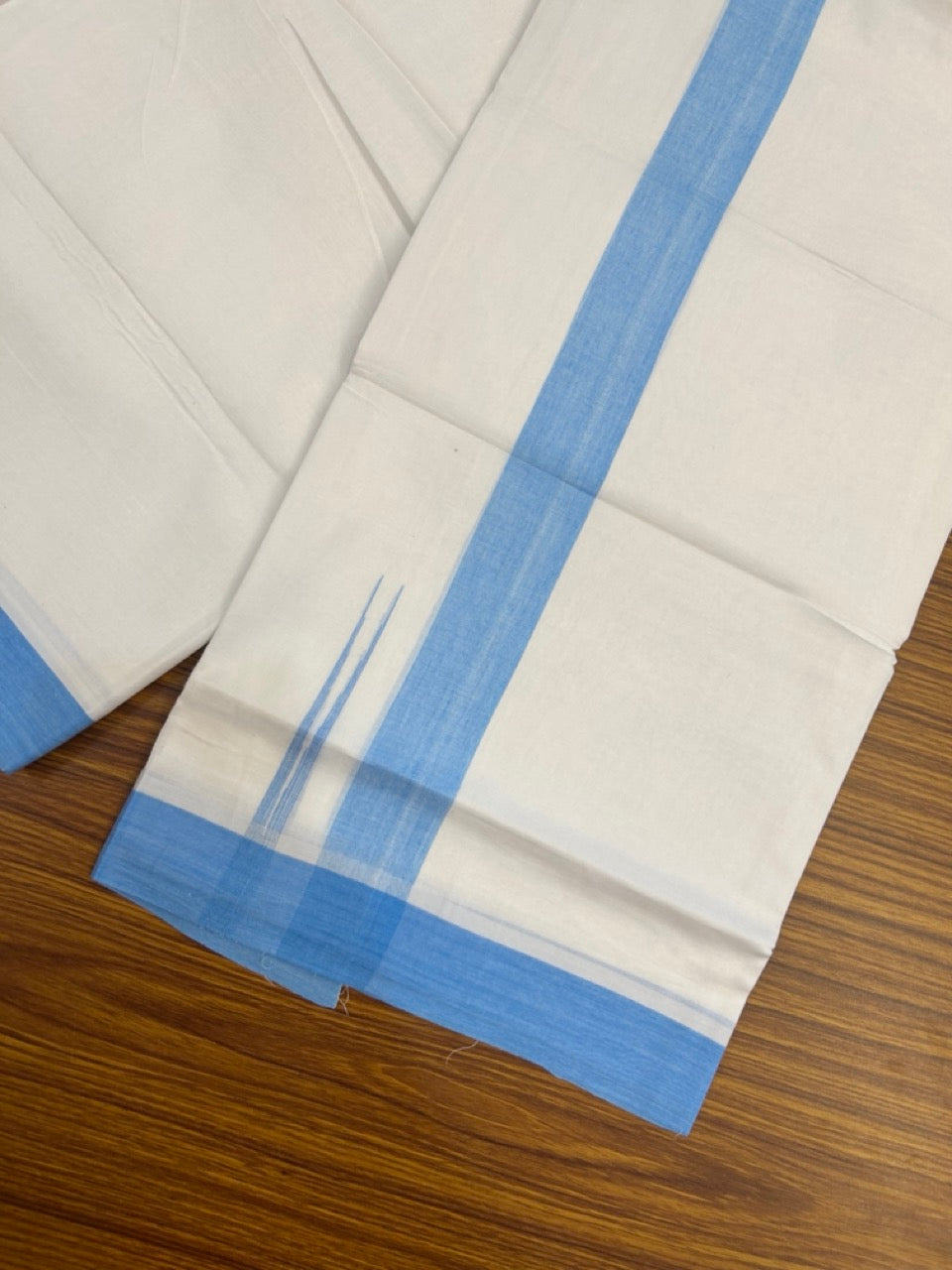 20% Discount ! Kaitharikada Balaramapuram 100% Cotton Pure White Double Mundu/Dothi - 100x80 - 1.5 inch Puliyilakkara Sky Blue Chutty Kara  3.90 mtr (8 muzham) - 91 KK5285  VAS