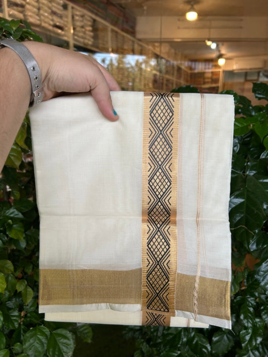 20% Discount! KaithariKada Balaramapuram Double Off White - (Unbleached) Mundu/Dhoti - Mixed Cotton (80x72) - Hand Printed 1.75 inch Gold Kasavu & Black Design Kara 4 mtr (8.5 muzham) - 102 KK5251 PMC