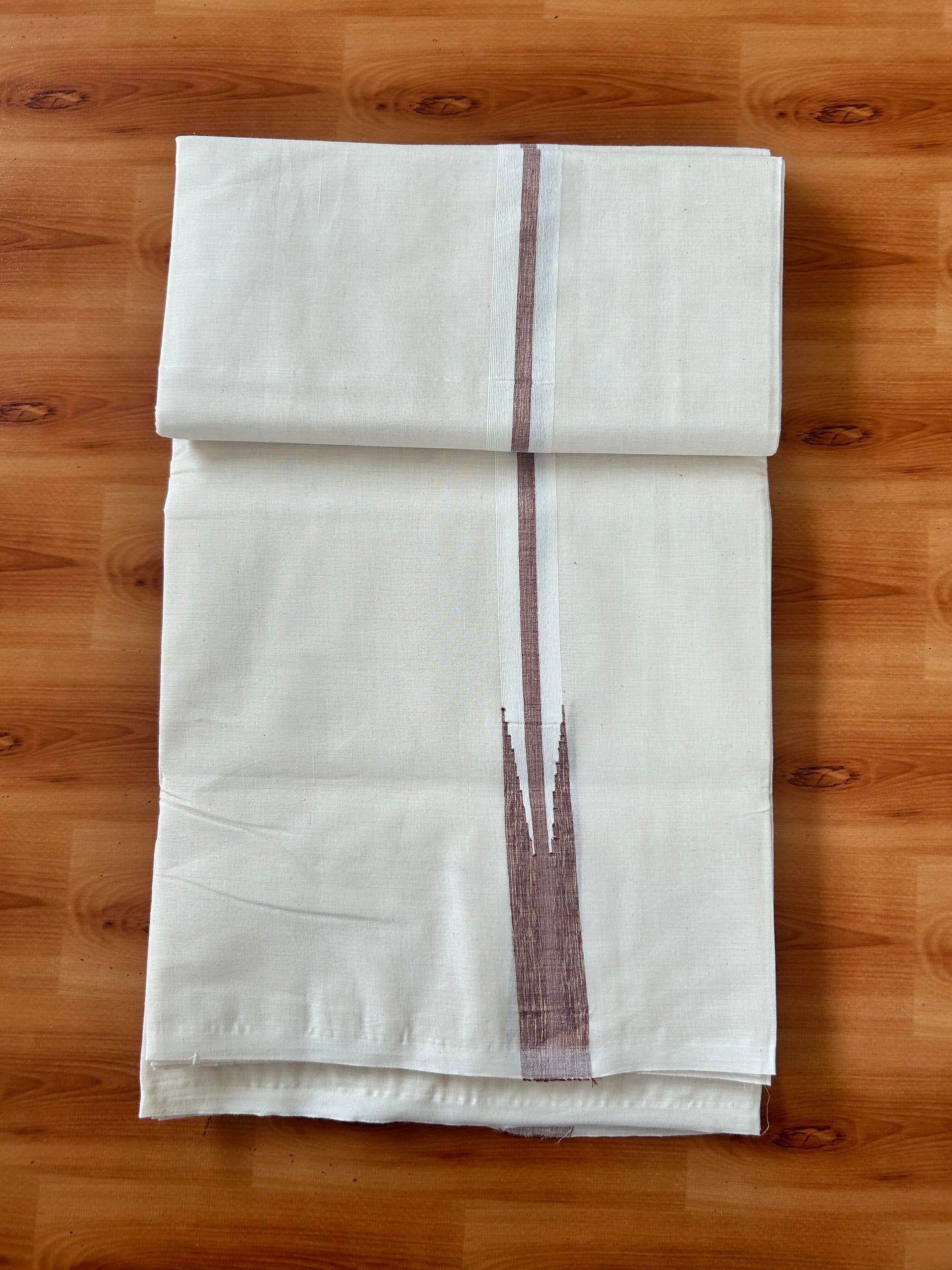 Double Off white Mundu/Dhoti - 20% Discount! KaithariKada Balaramapuram - 100% Cotton 100x100 - 1 inch Puliyilakkara Gold Kasav & Maroon Shaded Chutty Kara 4 mtr (8.5 muzham) - 10 KK5424 ASH