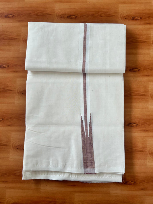 Double Off white Mundu/Dhoti - 20% Discount! KaithariKada Balaramapuram - 100% Cotton 100x100 - 1 inch Puliyilakkara Gold Kasav & Maroon Shaded Chutty Kara 4 mtr (8.5 muzham) - 10 KK5424 ASH