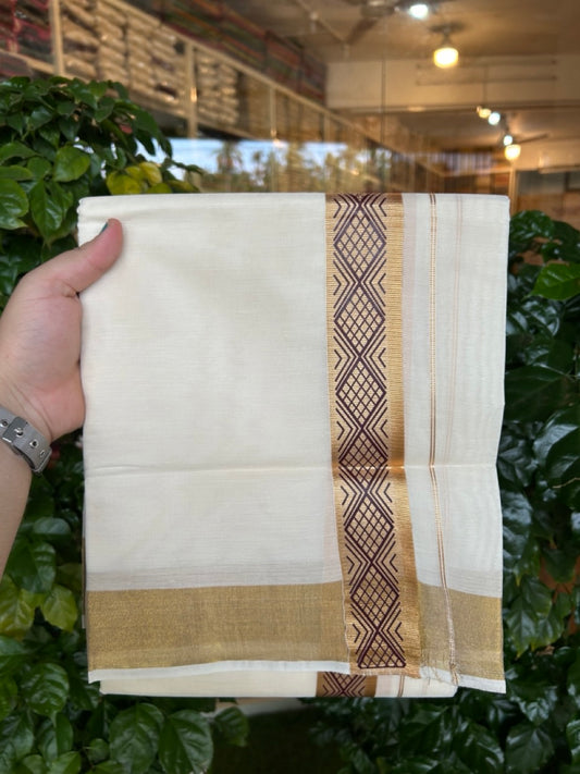 20% Discount! KaithariKada Balaramapuram Double Off White - (Unbleached) Mundu/Dhoti - Mixed Cotton (80x72)  - Hand Printed 2 inch Gold Kasavu & Brown Design Kara 4 mtr (8.5 muzham) - 103 KK5251 PMC