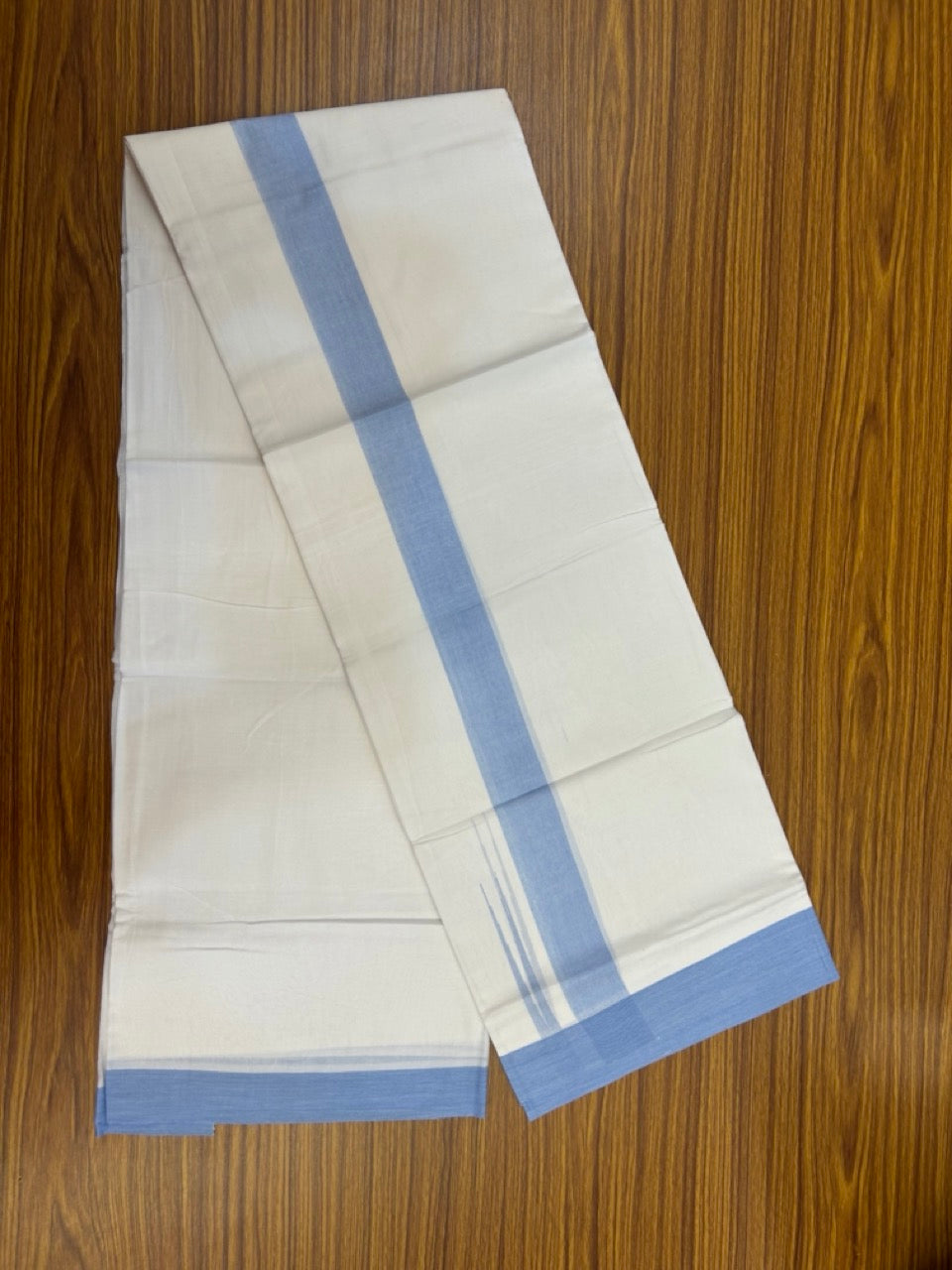 20% Discount ! Kaitharikada Balaramapuram 100% Cotton Pure White Double Mundu/Dothi - 100x80 - 1.5 inch Puliyilakkara Light Blue Chutty Kara  3.90 mtr (8 muzham) - 92 KK5285  VAS