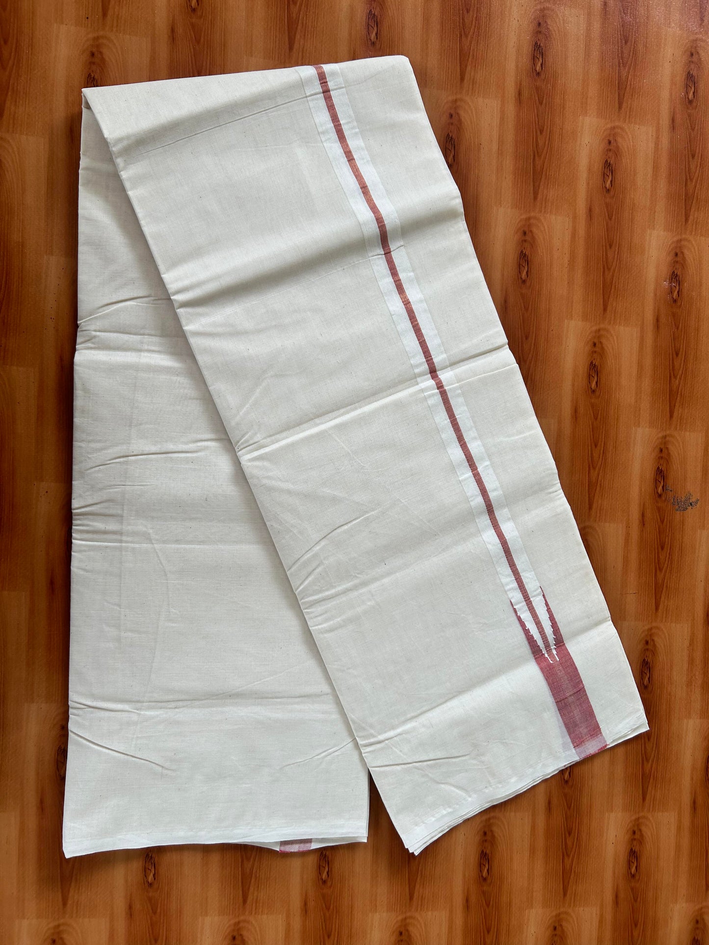 Double Off white Mundu/Dhoti - 20% Discount! KaithariKada Balaramapuram - 100% Cotton 100x100 - 1 inch Puliyilakkara Gold Kasav & Peach Shaded Chutty Kara 4 mtr (8.5 muzham) - 11 KK5424 ASH