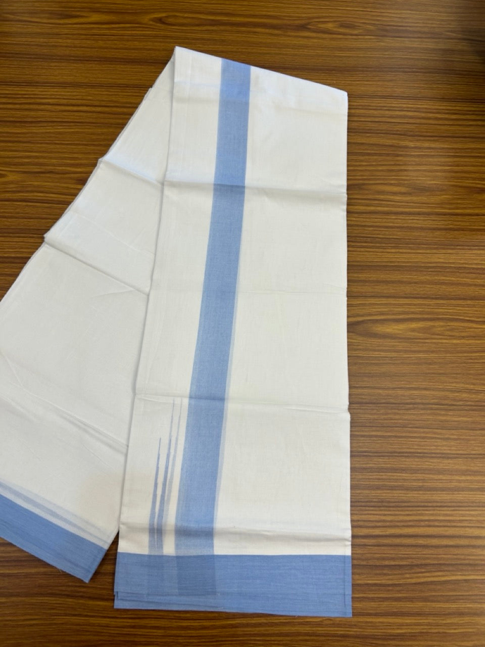 20% Discount ! Kaitharikada Balaramapuram 100% Cotton Pure White Double Mundu/Dothi - 100x80 - 1.5 inch Puliyilakkara Light Blue Chutty Kara  3.90 mtr (8 muzham) - 92 KK5285  VAS