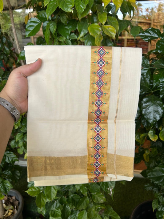 20% Discount! KaithariKada Balaramapuram Double Off White - (Unbleached) Mundu/Dhoti - Mixed Cotton (80x72) - Hand Printed 2 inch Gold Kasavu Multi colour Design Kara 4 mtr (8.5 muzham) - 104 KK5251 PMC